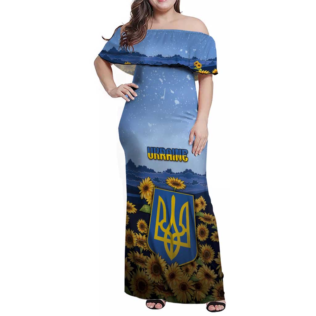 Personalized Ukraine Family Matching Off Shoulder Maxi Dress and Hawaiian Shirt Coat Of Arms On Sunflower Field - Wonder Print Shop