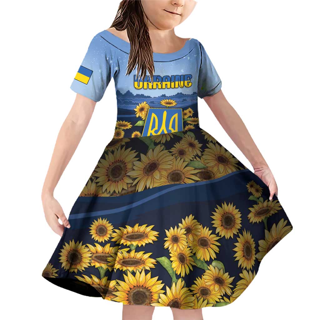Personalized Ukraine Family Matching Off Shoulder Short Dress and Hawaiian Shirt Coat Of Arms On Sunflower Field - Wonder Print Shop
