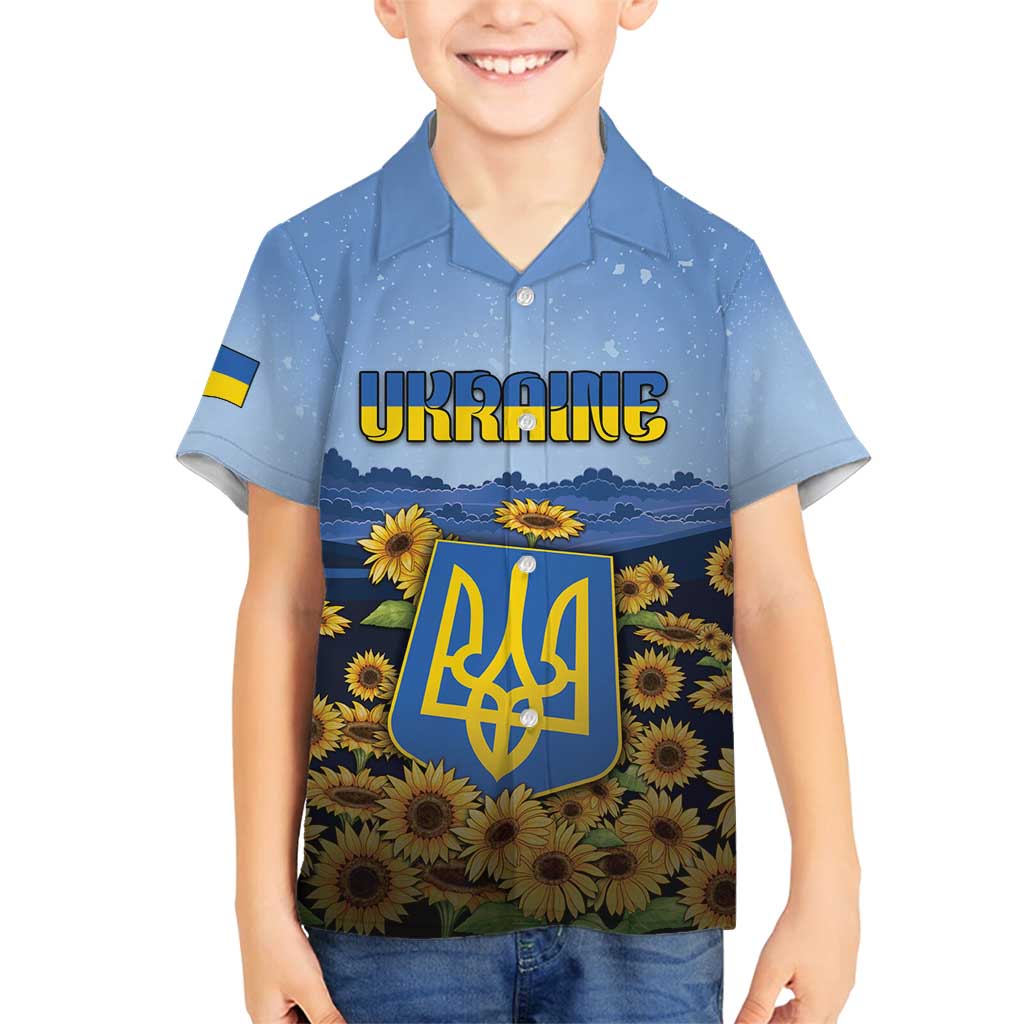 Personalized Ukraine Family Matching Off Shoulder Short Dress and Hawaiian Shirt Coat Of Arms On Sunflower Field - Wonder Print Shop