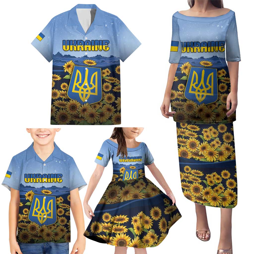 Personalized Ukraine Family Matching Puletasi and Hawaiian Shirt Coat Of Arms On Sunflower Field - Wonder Print Shop