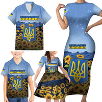 Personalized Ukraine Family Matching Short Sleeve Bodycon Dress and Hawaiian Shirt Coat Of Arms On Sunflower Field - Wonder Print Shop