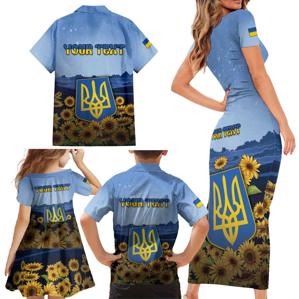 Personalized Ukraine Family Matching Short Sleeve Bodycon Dress and Hawaiian Shirt Coat Of Arms On Sunflower Field - Wonder Print Shop