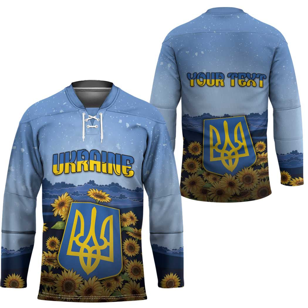 Personalized Ukraine Hockey Jersey Coat Of Arms On Sunflower Field - Wonder Print Shop
