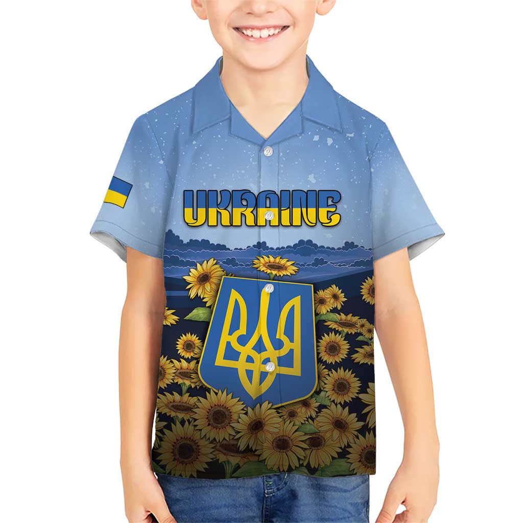 Personalized Ukraine Kid Hawaiian Shirt Coat Of Arms On Sunflower Field - Wonder Print Shop