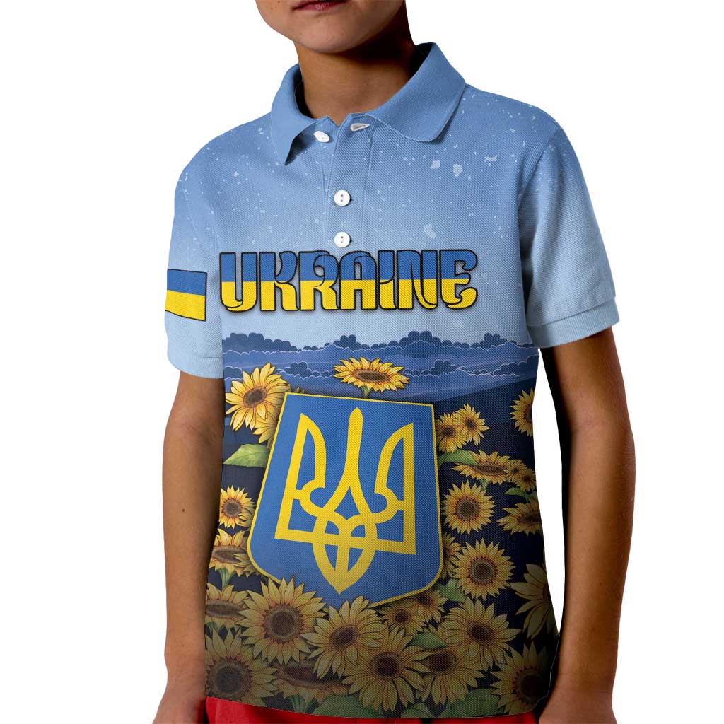Personalized Ukraine Kid Polo Shirt Coat Of Arms On Sunflower Field - Wonder Print Shop