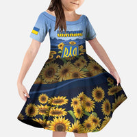 Personalized Ukraine Kid Short Sleeve Dress Coat Of Arms On Sunflower Field - Wonder Print Shop