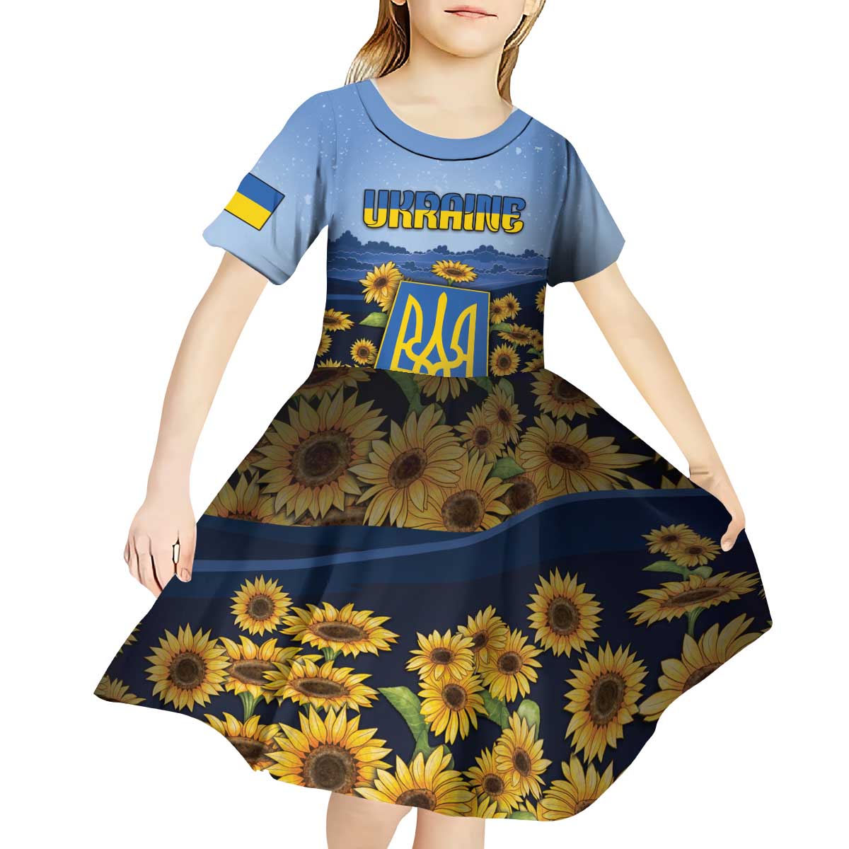 Personalized Ukraine Kid Short Sleeve Dress Coat Of Arms On Sunflower Field - Wonder Print Shop