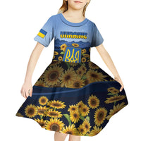 Personalized Ukraine Kid Short Sleeve Dress Coat Of Arms On Sunflower Field - Wonder Print Shop