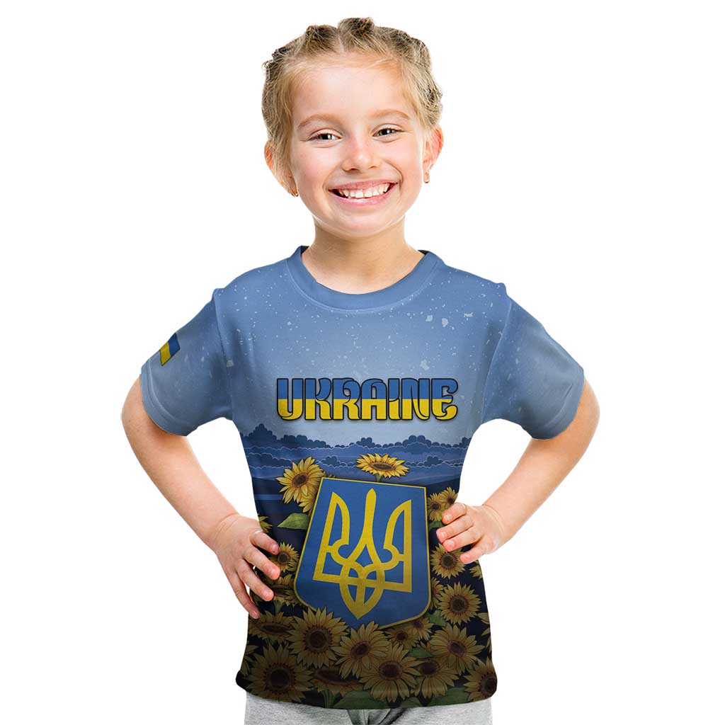Personalized Ukraine Kid T Shirt Coat Of Arms On Sunflower Field - Wonder Print Shop