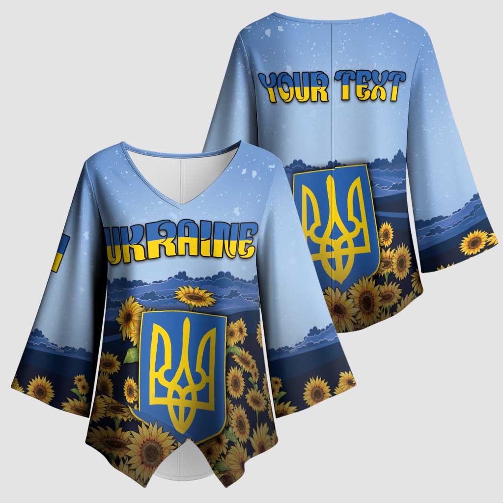 Personalized Ukraine Kimono Sleeve Blouse Coat Of Arms On Sunflower Field - Wonder Print Shop