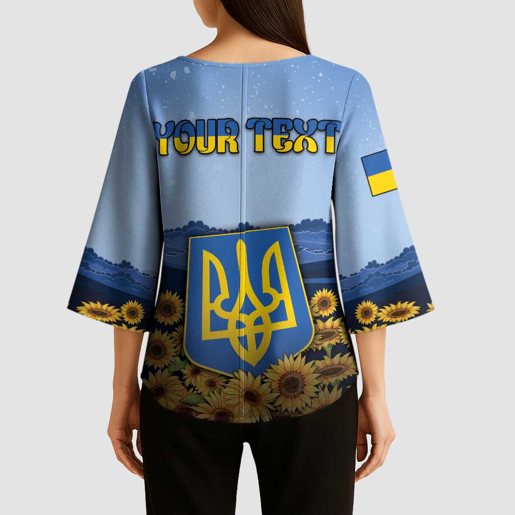 Personalized Ukraine Kimono Sleeve Blouse Coat Of Arms On Sunflower Field - Wonder Print Shop