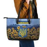 Ukraine Leather Tote Bag Coat Of Arms On Sunflower Field - Wonder Print Shop