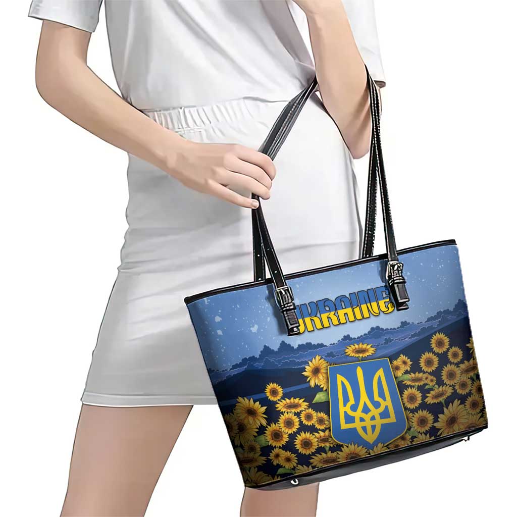 Ukraine Leather Tote Bag Coat Of Arms On Sunflower Field - Wonder Print Shop