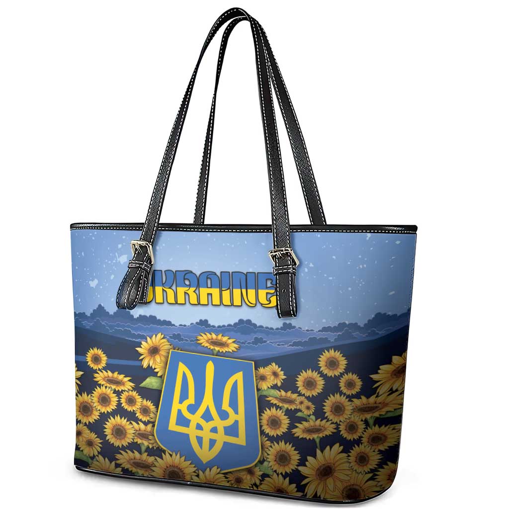 Ukraine Leather Tote Bag Coat Of Arms On Sunflower Field - Wonder Print Shop