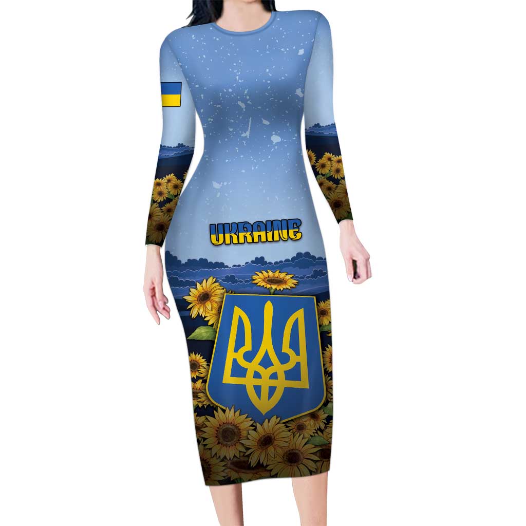 Personalized Ukraine Long Sleeve Bodycon Dress Coat Of Arms On Sunflower Field - Wonder Print Shop