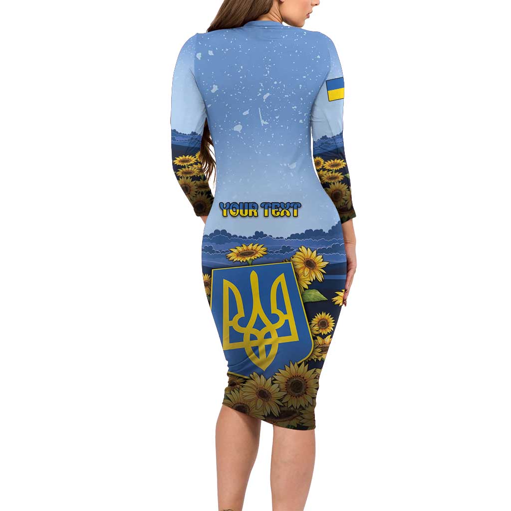 Personalized Ukraine Long Sleeve Bodycon Dress Coat Of Arms On Sunflower Field - Wonder Print Shop