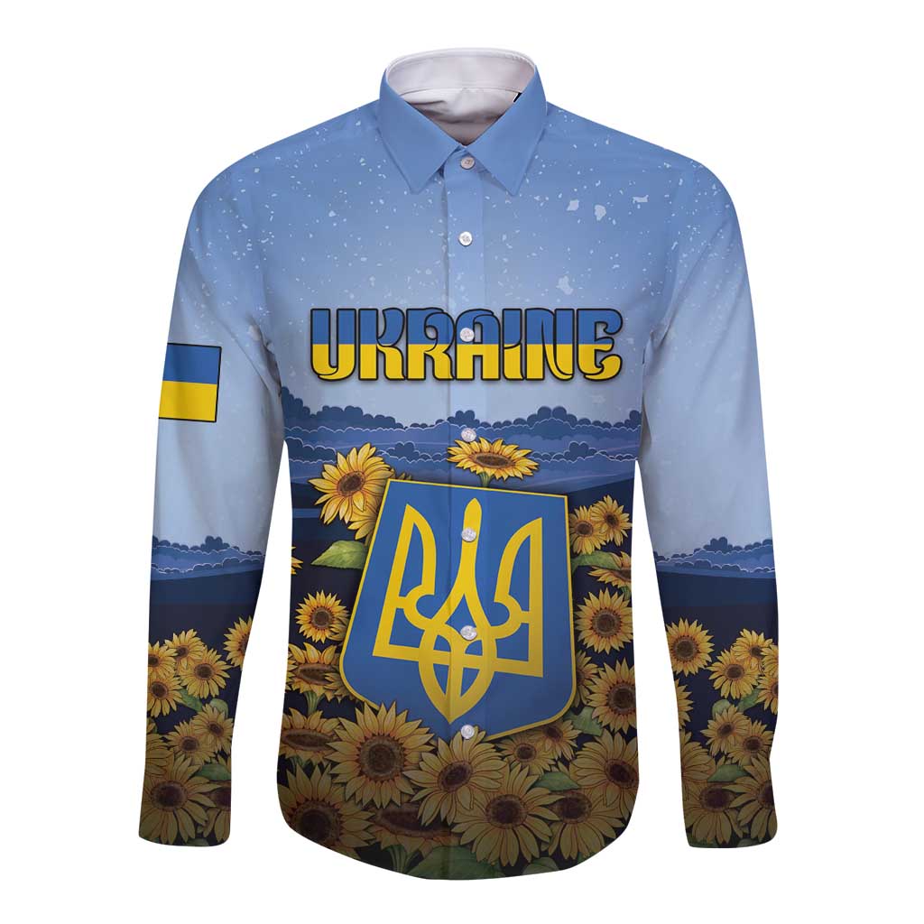 Personalized Ukraine Long Sleeve Button Shirt Coat Of Arms On Sunflower Field - Wonder Print Shop