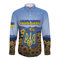 Personalized Ukraine Long Sleeve Button Shirt Coat Of Arms On Sunflower Field - Wonder Print Shop