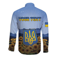 Personalized Ukraine Long Sleeve Button Shirt Coat Of Arms On Sunflower Field - Wonder Print Shop