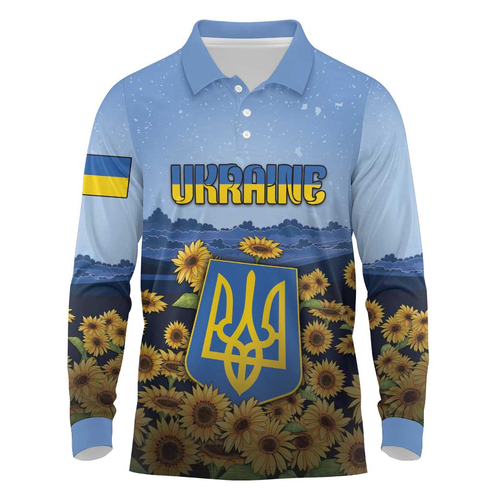 Personalized Ukraine Long Sleeve Polo Shirt Coat Of Arms On Sunflower Field - Wonder Print Shop