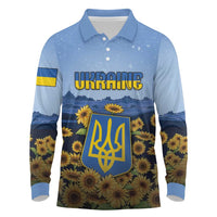 Personalized Ukraine Long Sleeve Polo Shirt Coat Of Arms On Sunflower Field - Wonder Print Shop