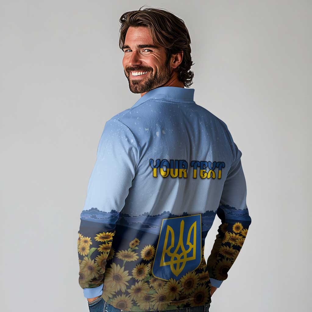 Personalized Ukraine Long Sleeve Polo Shirt Coat Of Arms On Sunflower Field - Wonder Print Shop