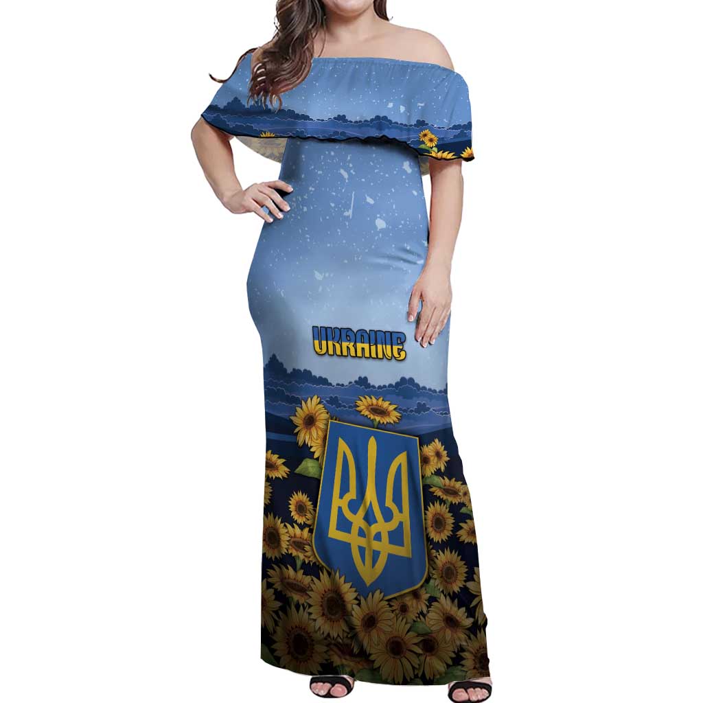 Personalized Ukraine Off Shoulder Maxi Dress Coat Of Arms On Sunflower Field - Wonder Print Shop