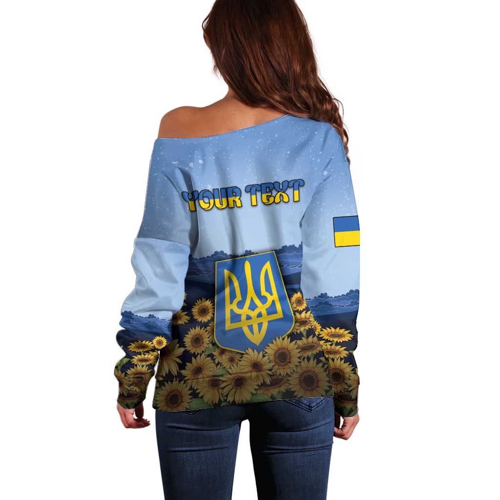 Personalized Ukraine Off Shoulder Sweater Coat Of Arms On Sunflower Field - Wonder Print Shop