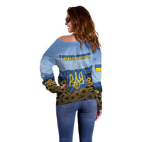 Personalized Ukraine Off Shoulder Sweater Coat Of Arms On Sunflower Field - Wonder Print Shop
