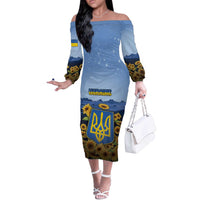 Personalized Ukraine Off The Shoulder Long Sleeve Dress Coat Of Arms On Sunflower Field - Wonder Print Shop