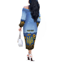 Personalized Ukraine Off The Shoulder Long Sleeve Dress Coat Of Arms On Sunflower Field - Wonder Print Shop