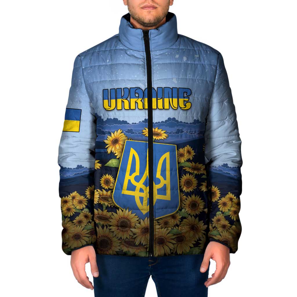 Personalized Ukraine Padded Jacket Coat Of Arms On Sunflower Field - Wonder Print Shop