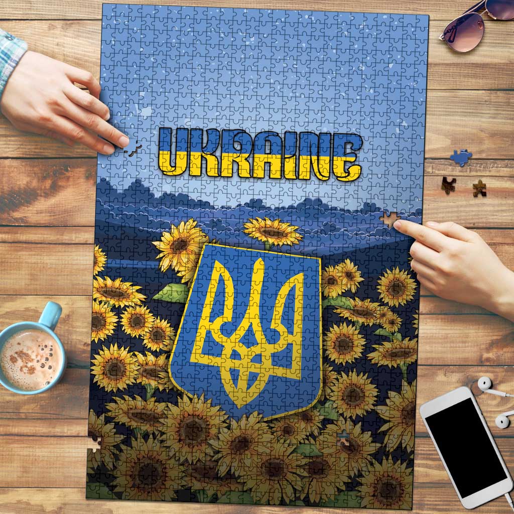 Ukraine Puzzle Coat Of Arms On Sunflower Field - Wonder Print Shop