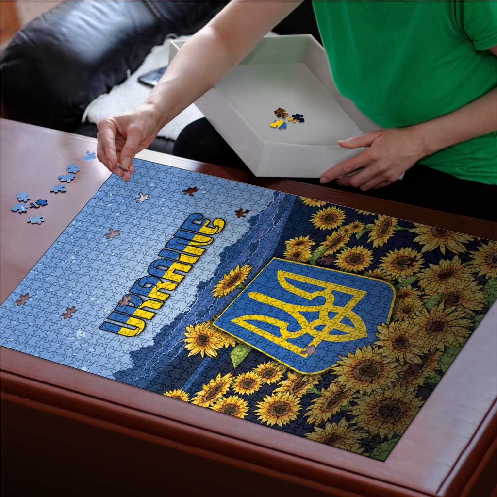 Ukraine Puzzle Coat Of Arms On Sunflower Field - Wonder Print Shop