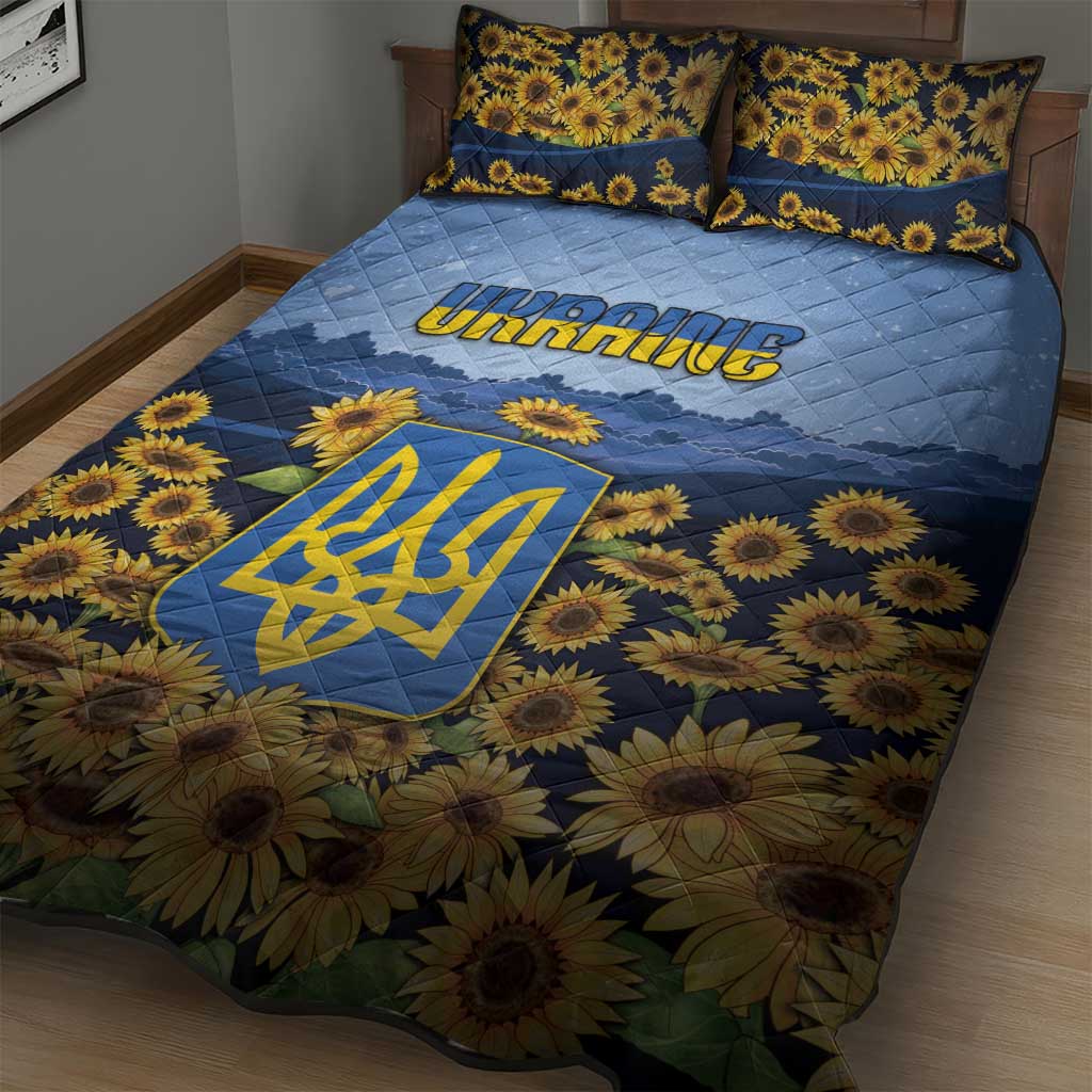 Ukraine Quilt Bed Set Coat Of Arms On Sunflower Field - Wonder Print Shop
