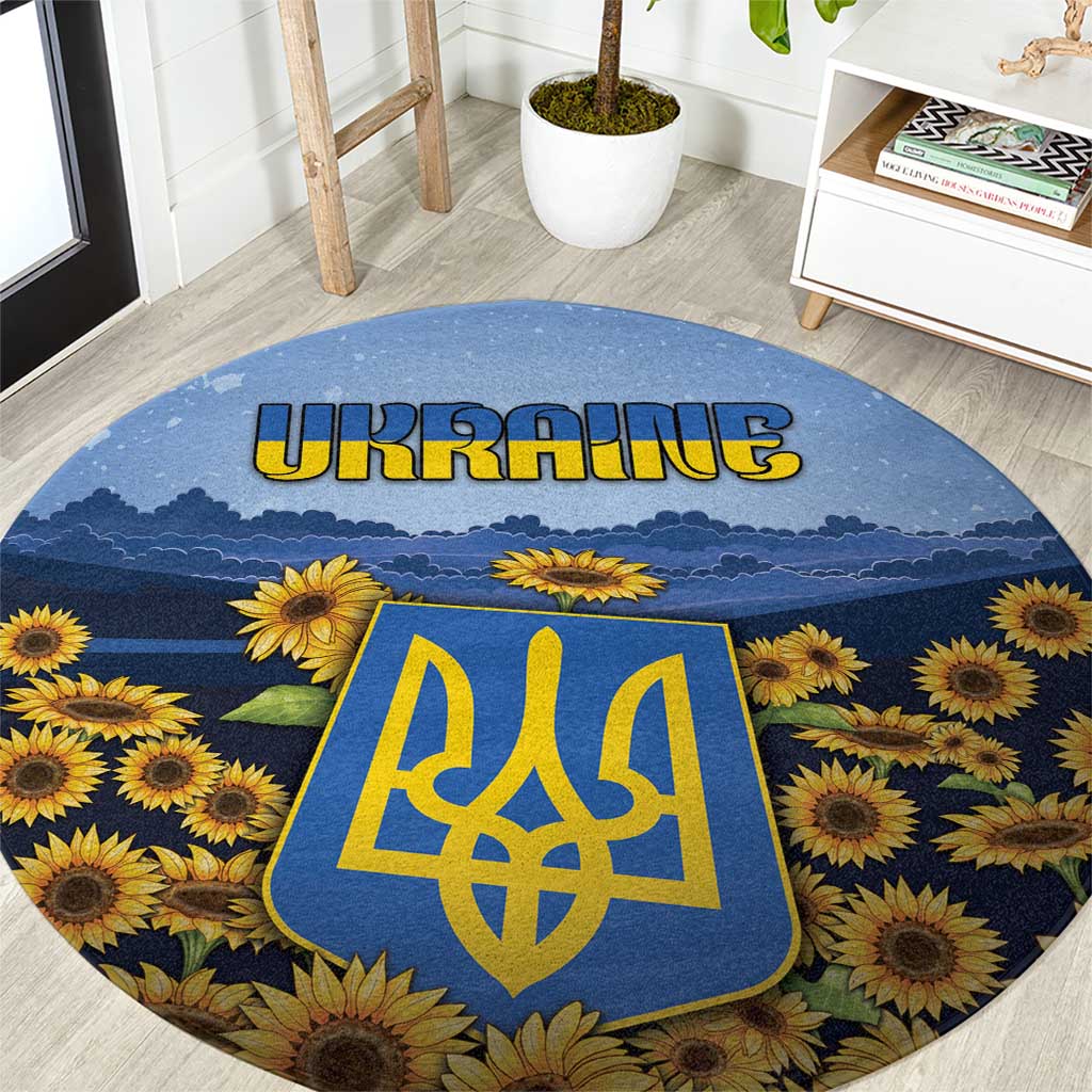 Ukraine Round Carpet Coat Of Arms On Sunflower Field - Wonder Print Shop