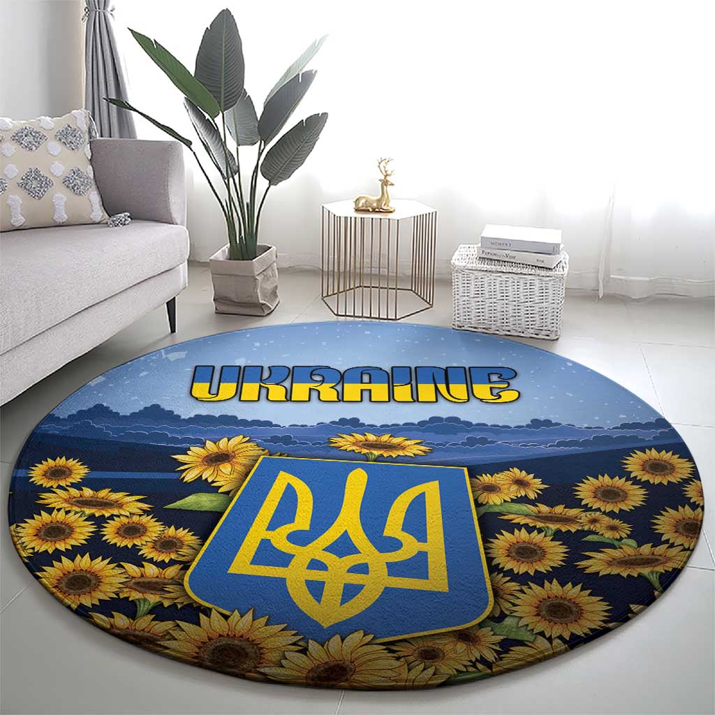 Ukraine Round Carpet Coat Of Arms On Sunflower Field - Wonder Print Shop