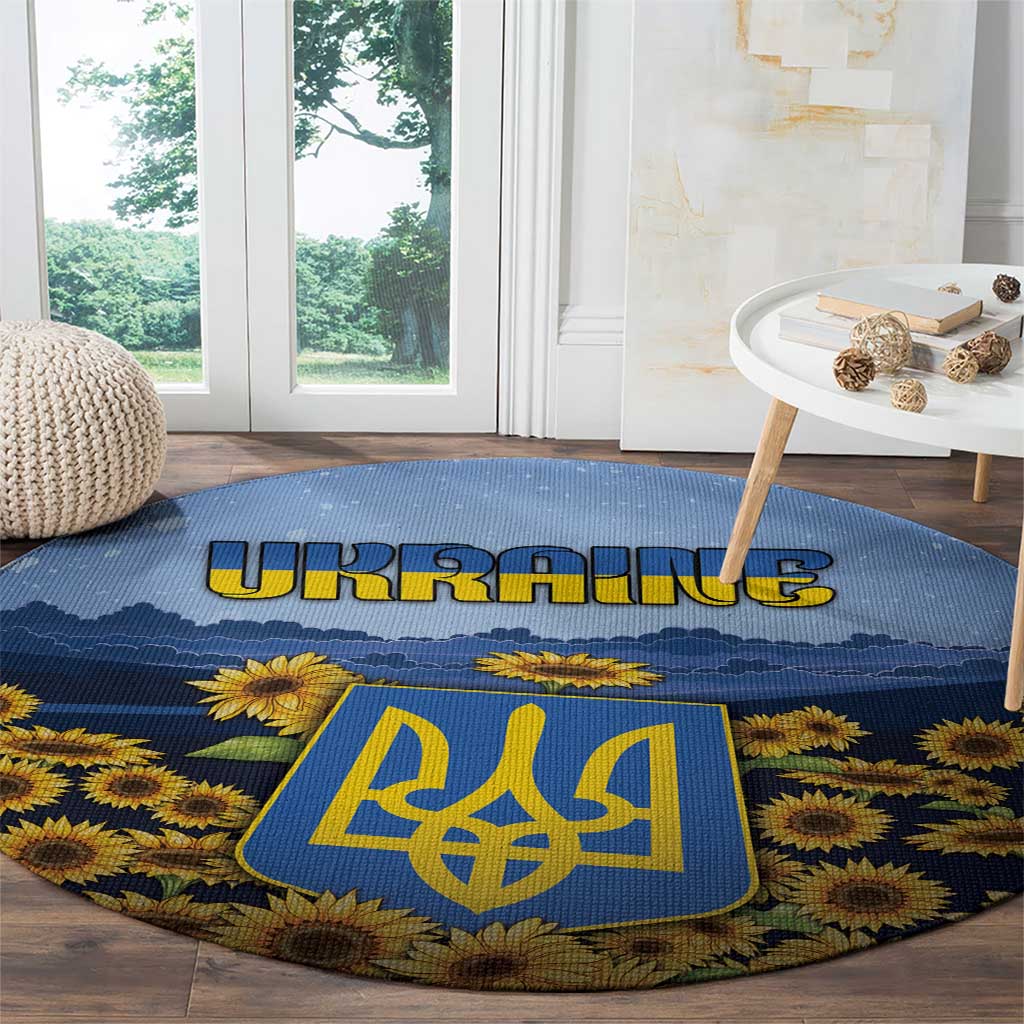 Ukraine Round Carpet Coat Of Arms On Sunflower Field - Wonder Print Shop