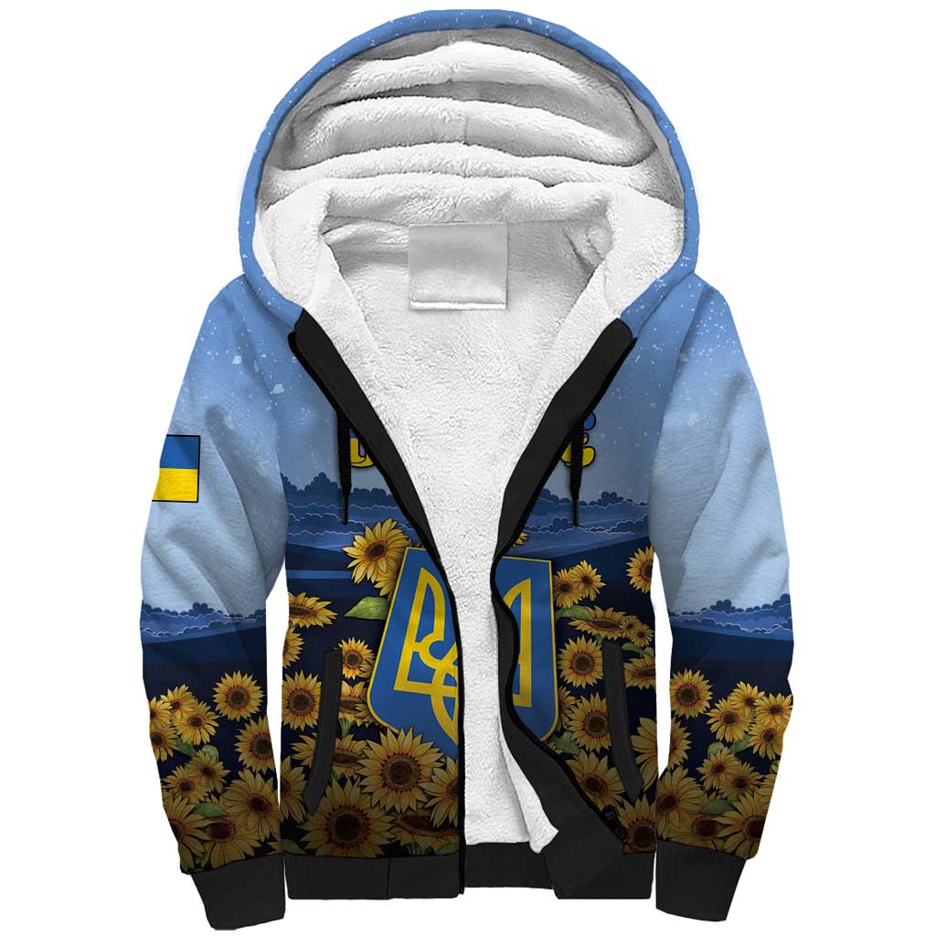 Personalized Ukraine Sherpa Hoodie Coat Of Arms On Sunflower Field - Wonder Print Shop