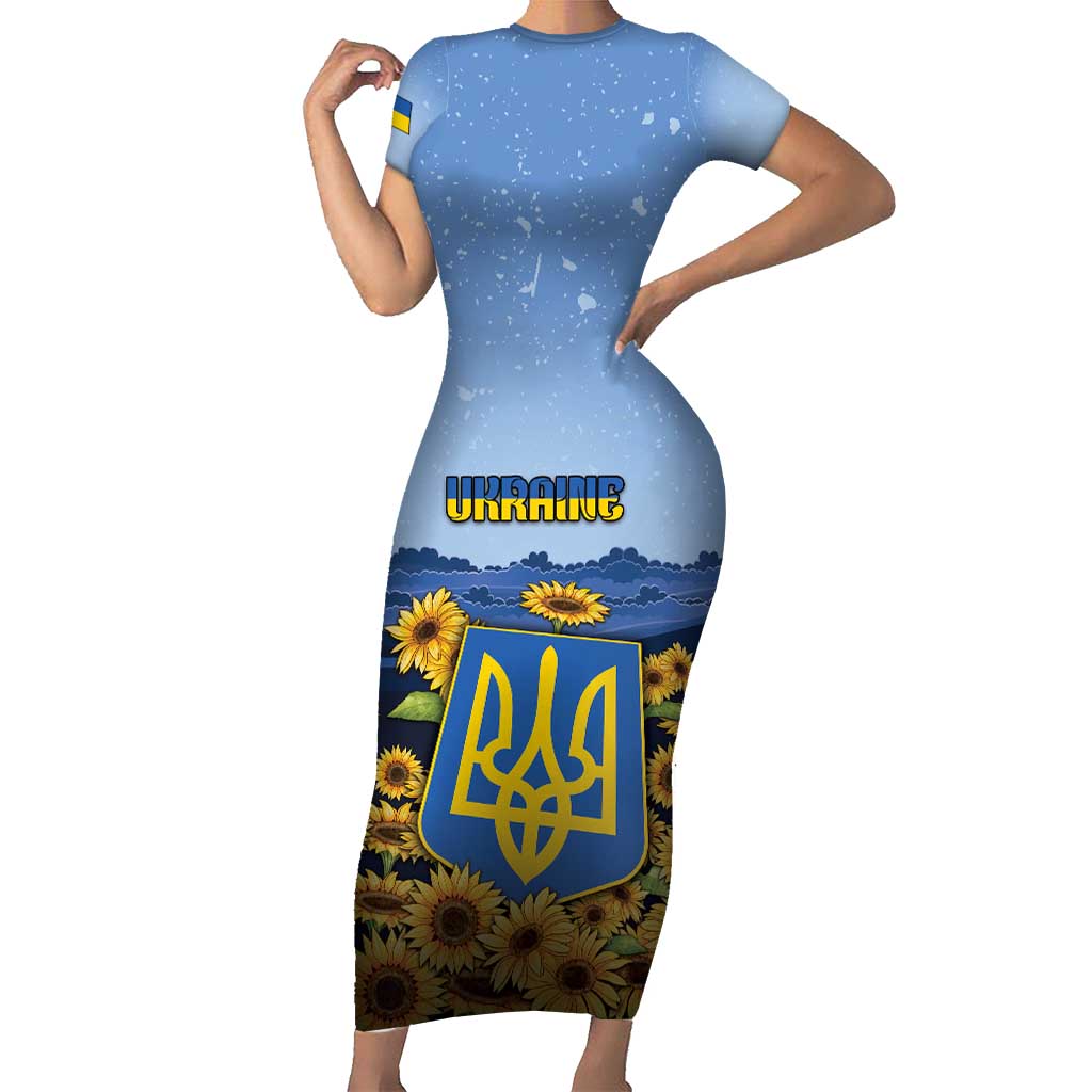 Personalized Ukraine Short Sleeve Bodycon Dress Coat Of Arms On Sunflower Field - Wonder Print Shop