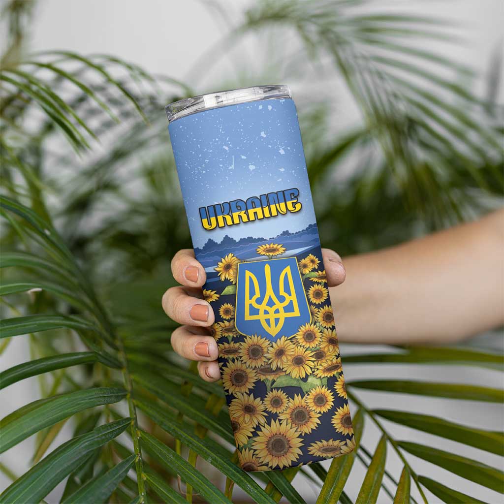 Personalized Ukraine Skinny Tumbler Coat Of Arms On Sunflower Field - Wonder Print Shop