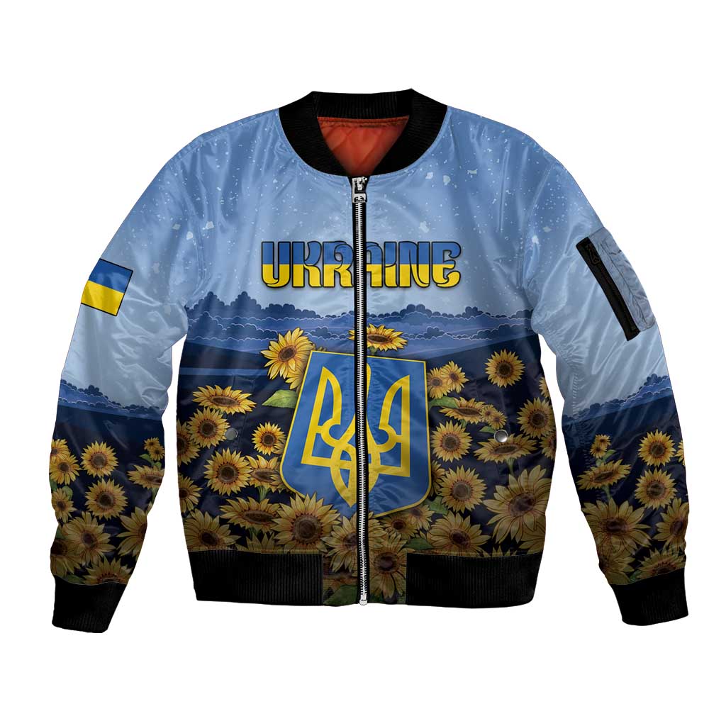 Personalized Ukraine Sleeve Zip Bomber Jacket Coat Of Arms On Sunflower Field - Wonder Print Shop