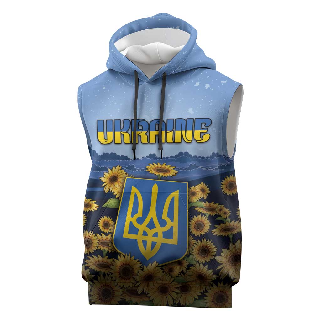 Personalized Ukraine Sleeveless Hoodie Coat Of Arms On Sunflower Field - Wonder Print Shop