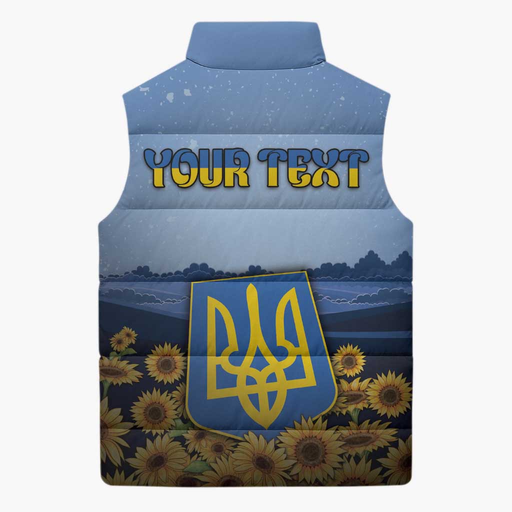 Personalized Ukraine Sleeveless Puffer Jacket Coat Of Arms On Sunflower Field - Wonder Print Shop