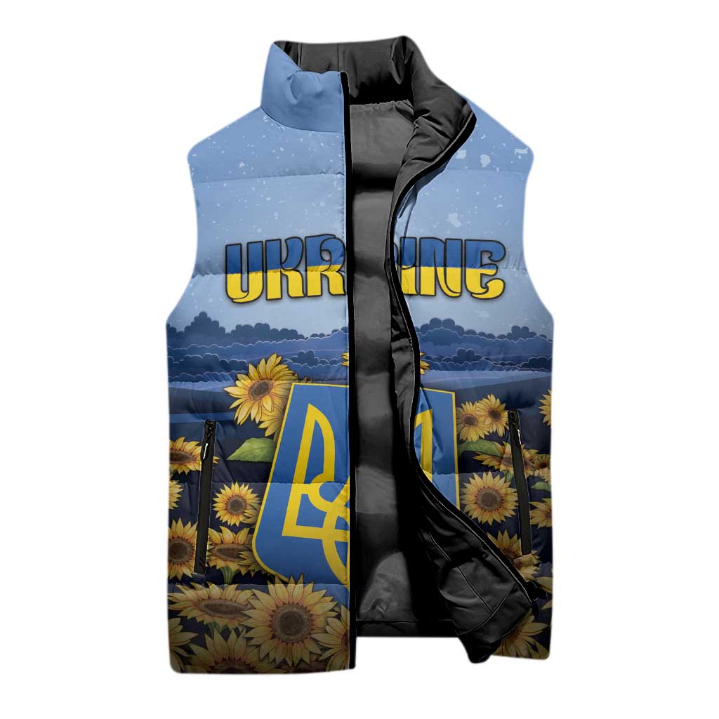 Personalized Ukraine Sleeveless Puffer Jacket Coat Of Arms On Sunflower Field - Wonder Print Shop