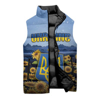 Personalized Ukraine Sleeveless Puffer Jacket Coat Of Arms On Sunflower Field - Wonder Print Shop