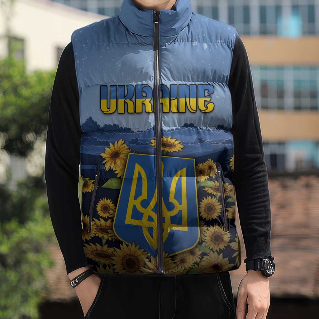 Personalized Ukraine Sleeveless Puffer Jacket Coat Of Arms On Sunflower Field - Wonder Print Shop