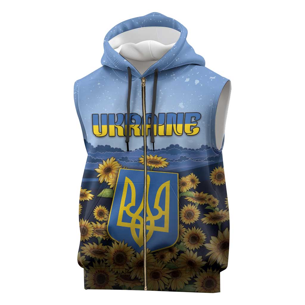 Personalized Ukraine Sleeveless Zip Hoodie Coat Of Arms On Sunflower Field - Wonder Print Shop
