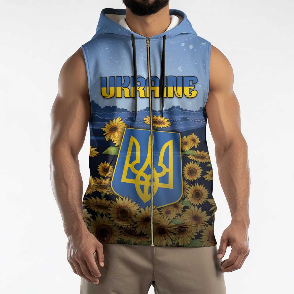 Personalized Ukraine Sleeveless Zip Hoodie Coat Of Arms On Sunflower Field - Wonder Print Shop