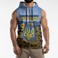 Personalized Ukraine Sleeveless Zip Hoodie Coat Of Arms On Sunflower Field - Wonder Print Shop